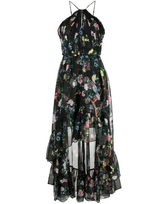 Marchesa Black Floral-Print Halterneck Dress