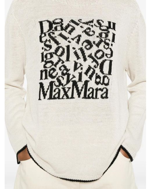 Max Mara White Embroidered Front Linen Sweater With Contrasting Trim