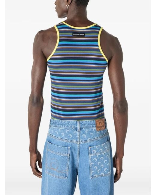 MARINE SERRE Blue Deadstock Moon-Logo Striped Cotton Tank Top for men