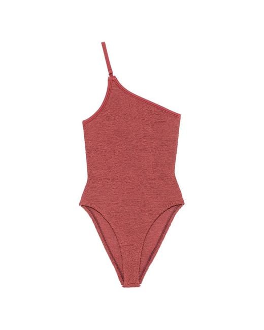 Hunza G Red One-Shoulder Seersucker Swimsuit