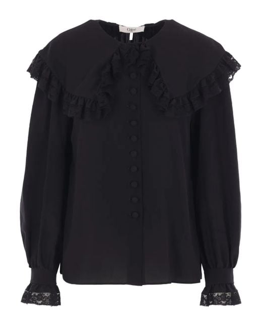 Chloé Black Lace-Trimmed Ruffled Top
