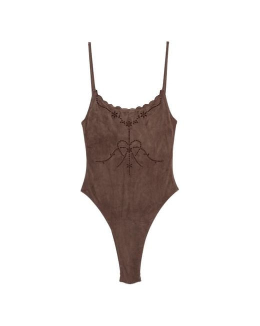 Frankie's Bikinis Brown Juliet Scalloped Embroidered Swimsuit