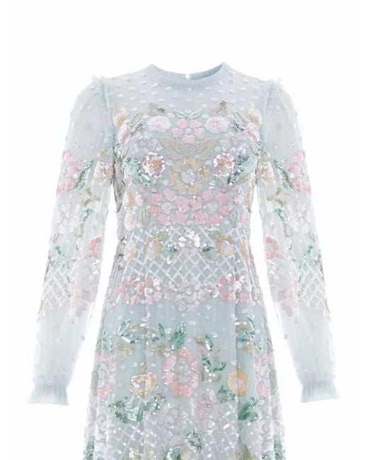Needle & Thread White Rosalie Sequin-Embellished Floral Dress