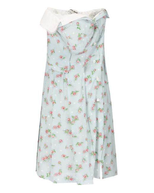 Miu Miu Blue Rose-Print Strapless Midi Dress