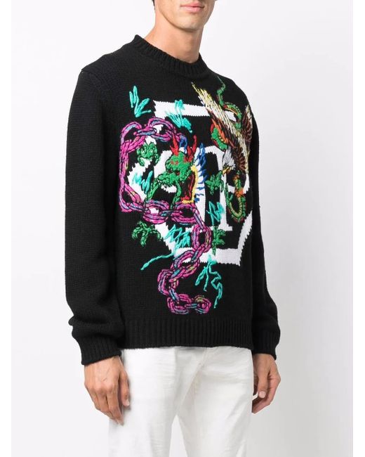 Philipp Plein Gray Patterned Intarsia-Knit Jumper