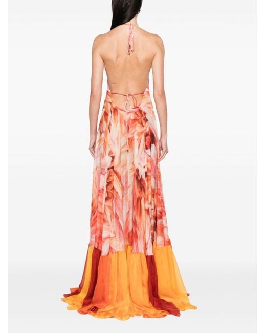 Roberto Cavalli Orange Open-back Feather-print Maxi Dress