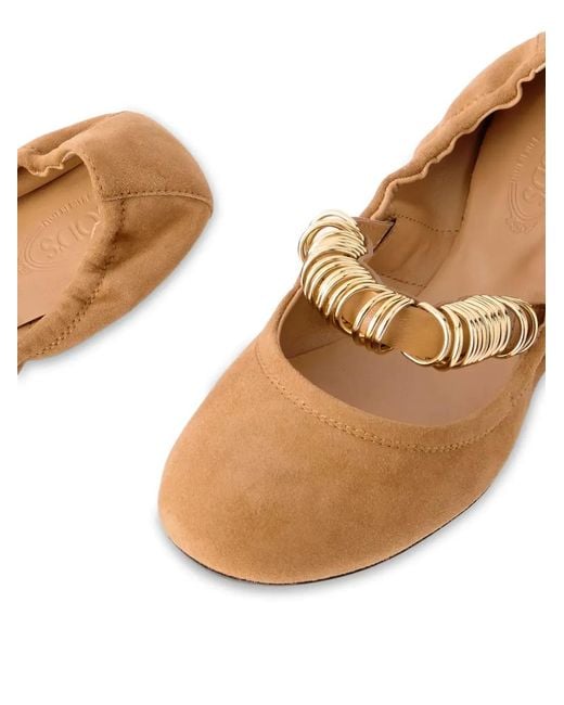 Tod's White Golden-Ring Detail Suede Ballet Flats