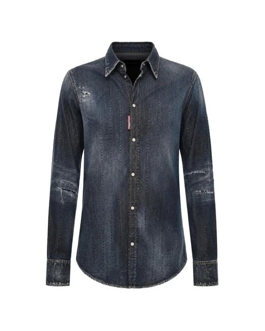 DSquared² Blue Rhinestone-Embellished Distressed-Effect Shirt