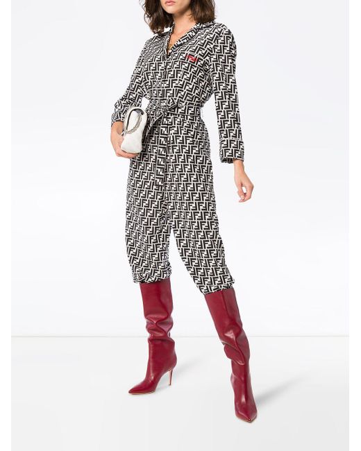 Fendi Ff Logo Belted Silk Jumpsuit in Black | Lyst