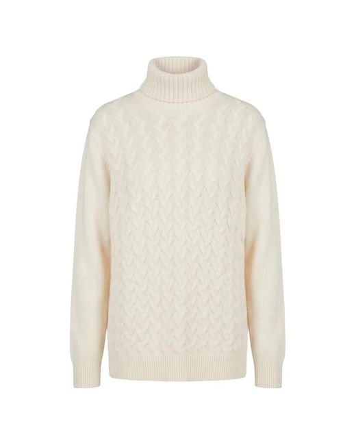 Moorer White Cable-Knit Roll-Neck Sweater