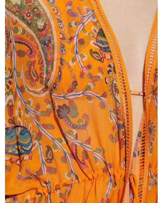 Etro Orange Paisley Crochet-Detail V-Neck Midi Dress