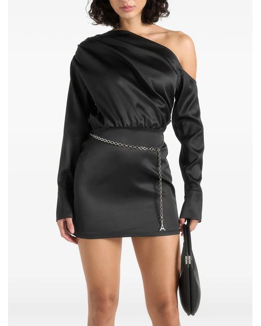Manière De Voir Black Off-Shoulder Draped Satin Mini Dress With Belt