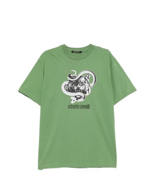 Roberto Cavalli Green Graphic-Print Cotton T-Shirt for men