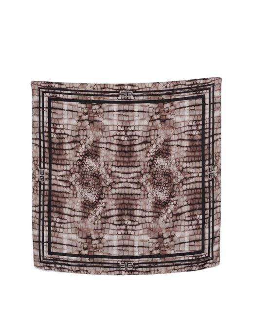 Elisabetta Franchi Metallic Silk Twill Foulard Scarf With Alligator Print