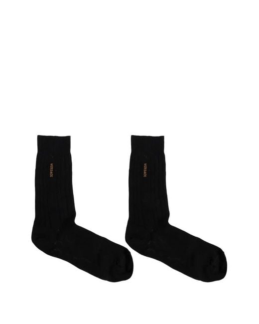 Versace Black Embroidered Cotton Ribbed Socks for men