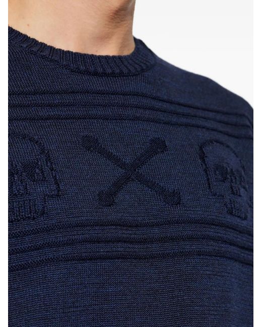McQueen Blue Skull-Intarsia Wool Sweater for men