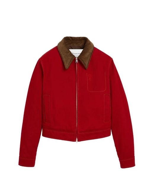 AMI Red Cotton Zipped Jacket With Ami De Coeur