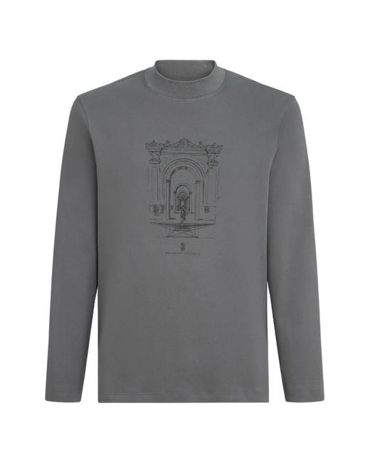Brunello Cucinelli Gray Cotton Interlock Long-Sleeve T-Shirt With Mock-Neck And Print for men