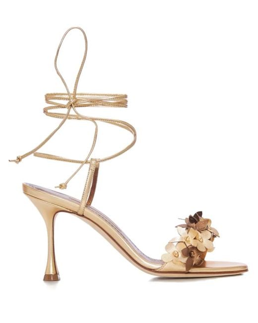 Manolo Blahnik Metallic 90Mm Anista Flower-Embellished Lace-Up Sandals