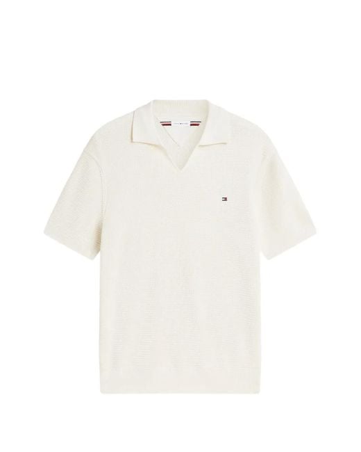 Tommy Hilfiger White Textured Open-Collar T-Shirt for men