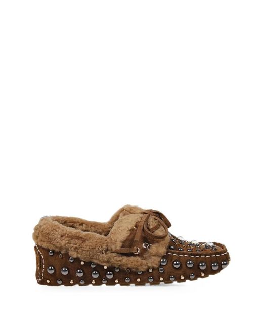strategia shoes Brown Studded Shearling-Lined Loafers