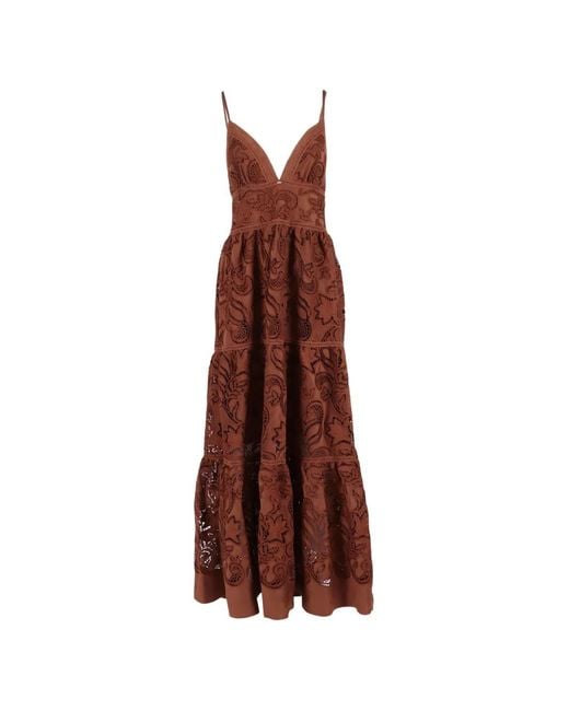 Ermanno Scervino Brown Lace-Embroidered Tiered Maxi Dress
