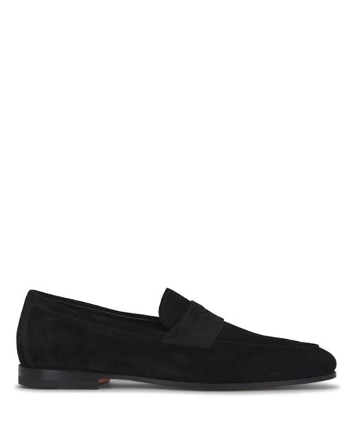 Santoni Black Suede Penny Loafers for men