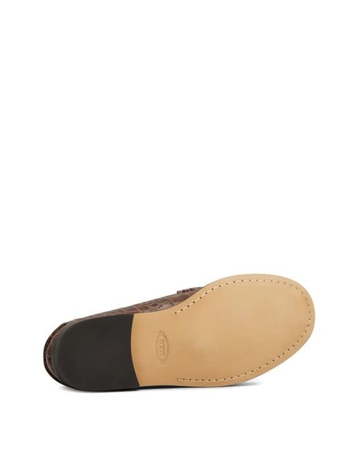 Tod's Brown Oval-T Leather-Embossed Loafers