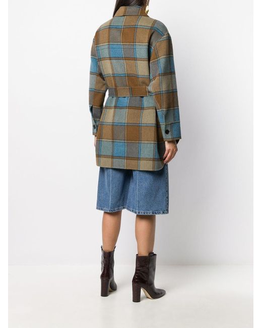 Sandro Belted Check Coat in Brown | Lyst