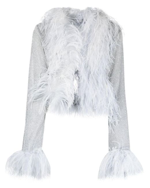 Oseree White Lumière Feather-trim Blouse