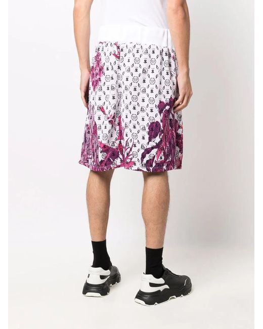 Philipp Plein Red Floral Logo Drawstring Shorts for men