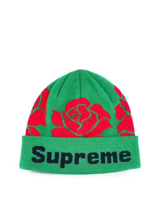 Supreme Green Rose-Knit Beanie Hat for men