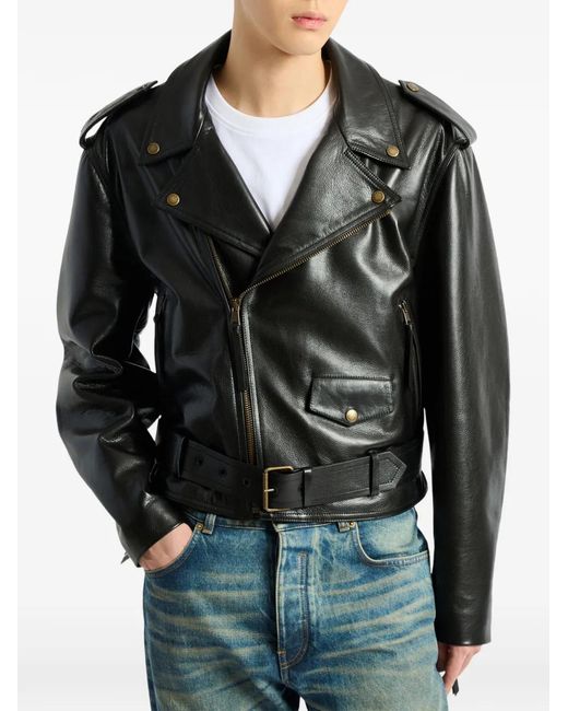 Balmain Black Textured Leather Biker Jacket for men