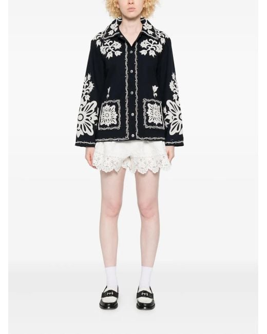 Sea Black Floral-Embroidered Buttoned Jacket
