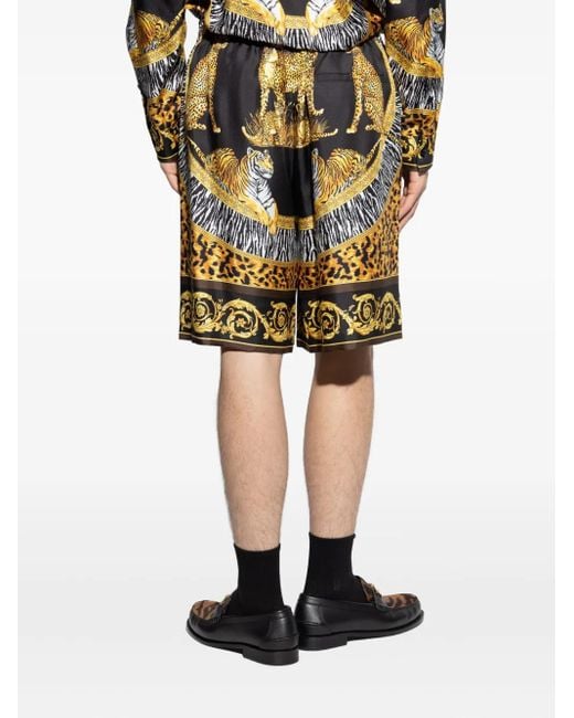 Versace Yellow Tiger Leopard-Print Silk Shorts for men