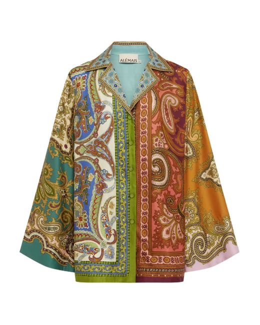 ALÉMAIS Green Graphic-Pattern Silk Blouse