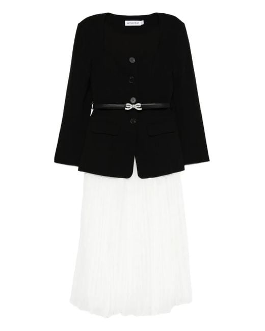 Self-Portrait Black Pleated-Panel Bow-Detail Midi Dress
