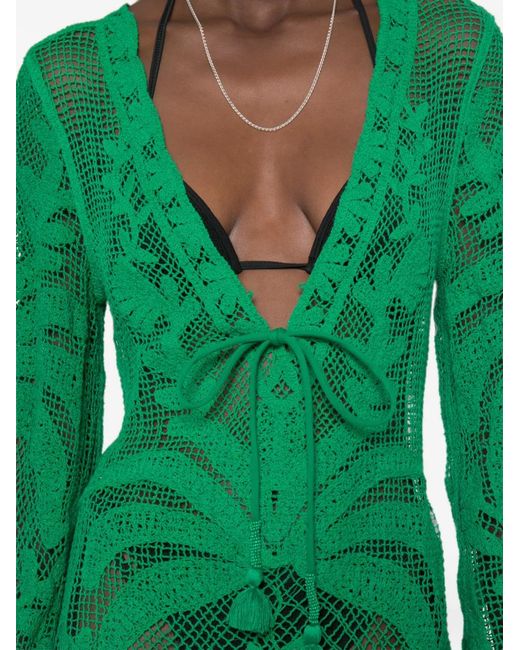 Farm Rio Green Crochet-Knit Tassel-Detail Mini Dress