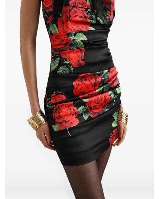 Dolce & Gabbana Red Rose-Print Satin Mini Dress