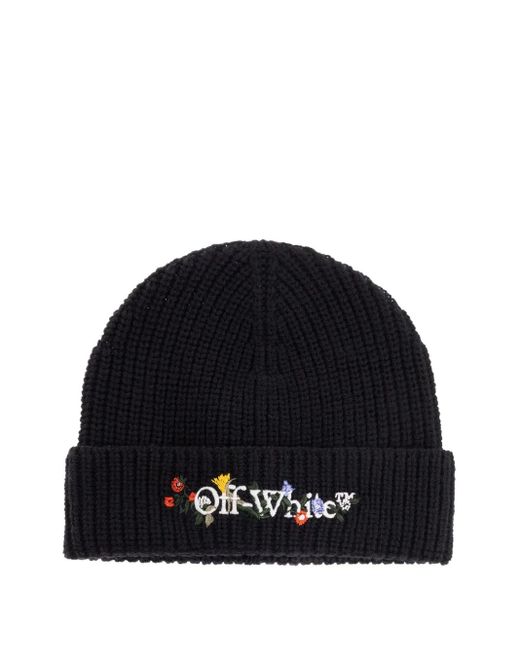 Off-White c/o Virgil Abloh Black Floral-Embroidered Ribbed Beanie Hat