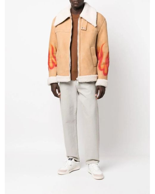 Palm Angels Orange Flames Sherpa Trucker Jacket for men