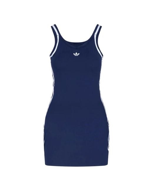 Adidas Blue Logo-Embroidered Striped-Trim Dress