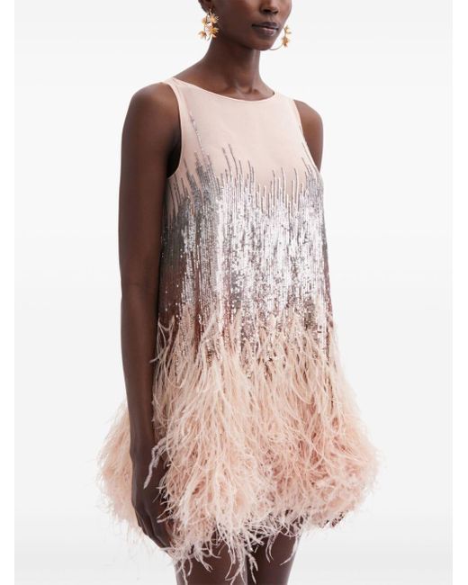 oscar de la renta pink feather dress Oscar de la Renta Sequin-Embellished Feather-Trim Silk Dress in Pink