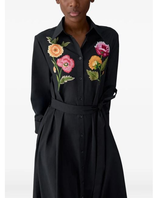 Carolina Herrera Black Floral Embroidered 3/4-Sleeve Midi Shirtdress