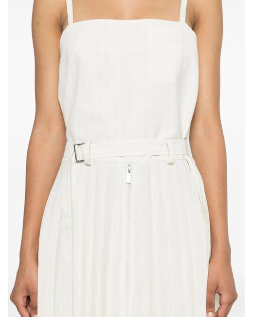 Sacai White Pinstriped Pleated Maxi Dress