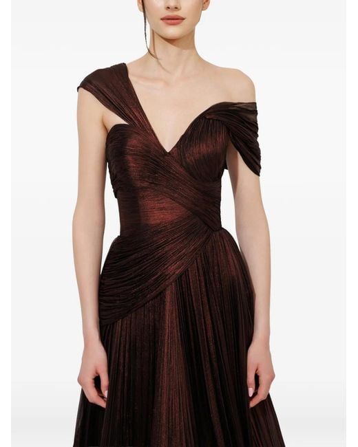 IRIS SERBAN Brown Carla Feather-Trimmed Pleated Gown