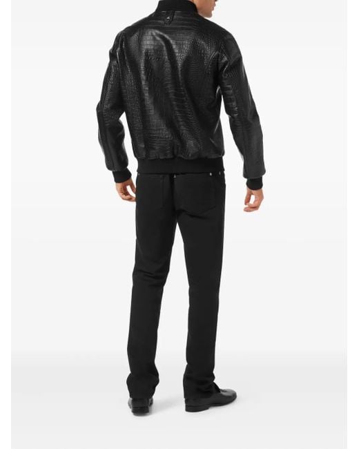 Billionaire Black Crocodile-Effect Zip-Up Bomber Jacket for men