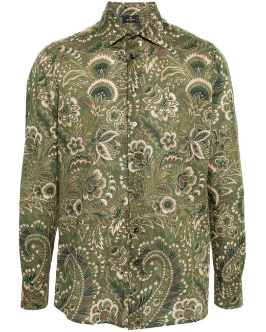 Etro Green Botanical-print Cotton Shirt for men