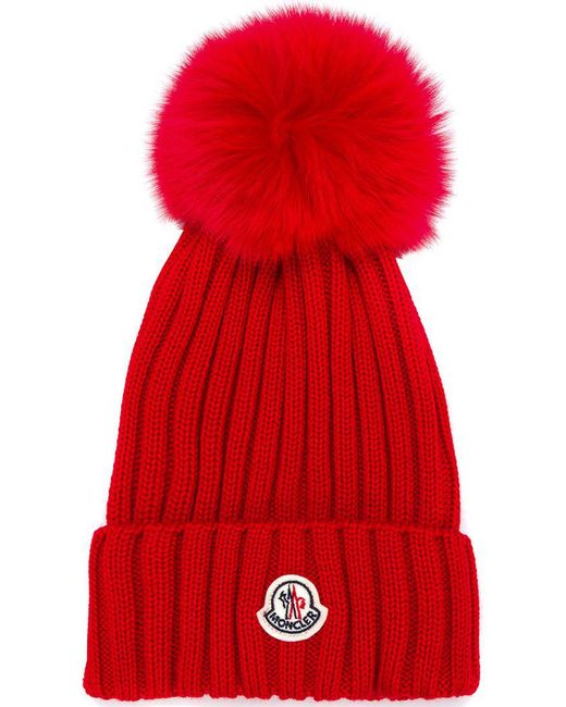 Moncler Red Fur Pom-pom Logo Knit Beanie