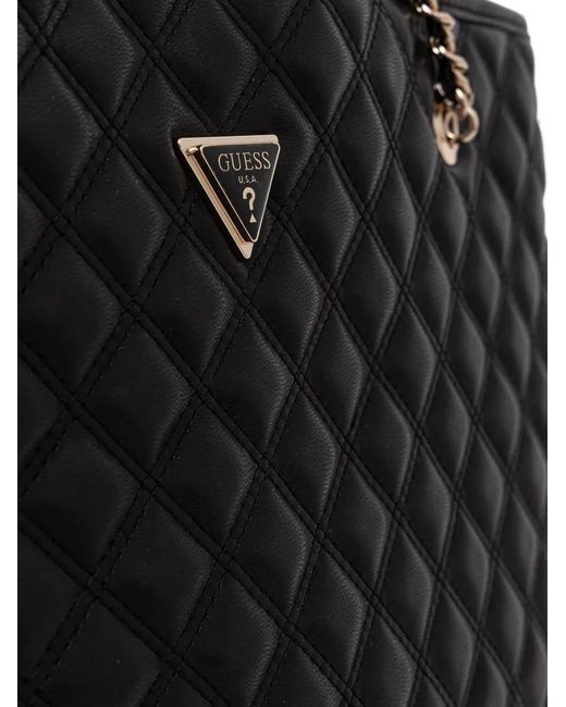 Guess Black Giully Quilted Logo-Plaque Tote Bag